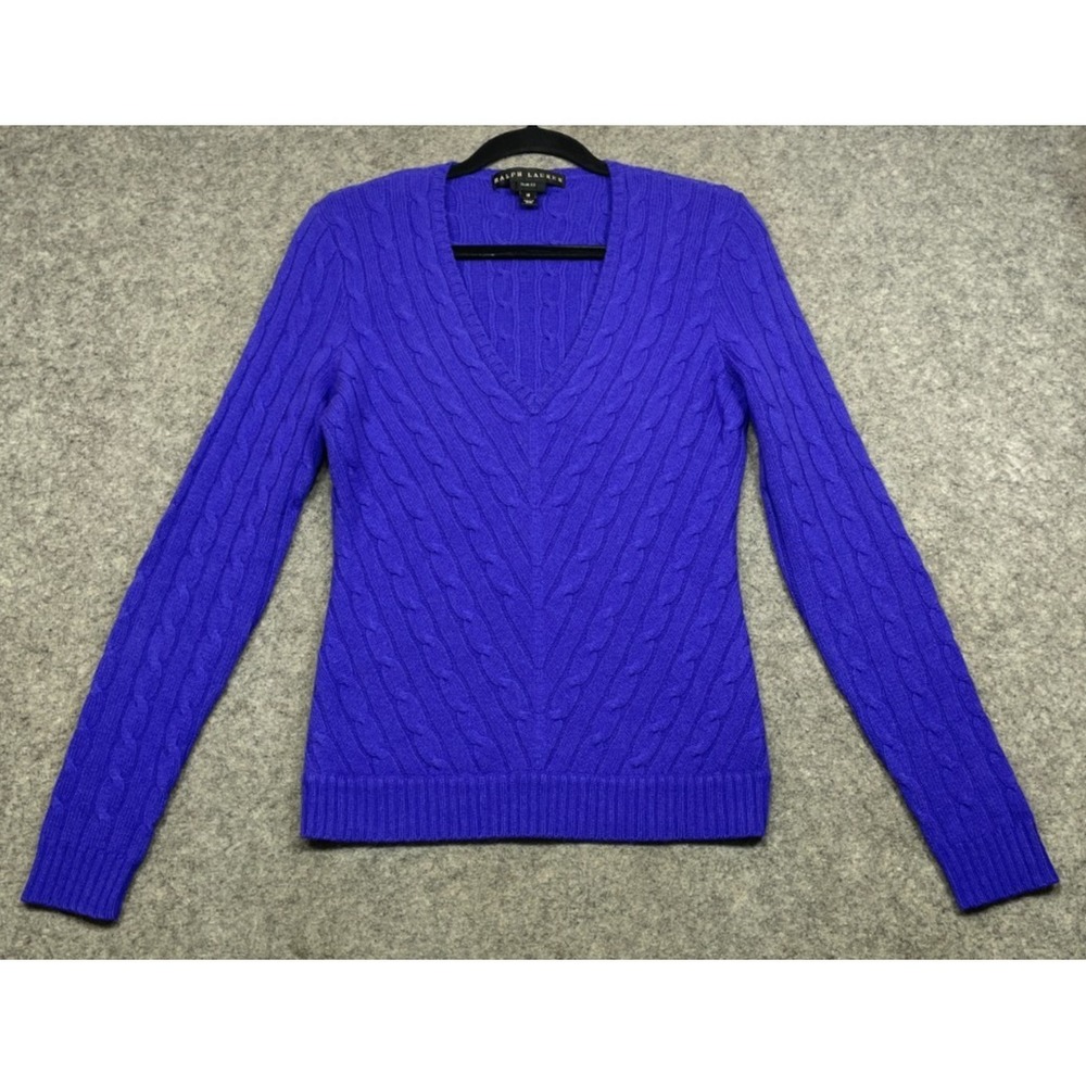 Ralph Lauren Black Label Slim Fit V-Neck Cashmere Cable Sweater Purple Medium